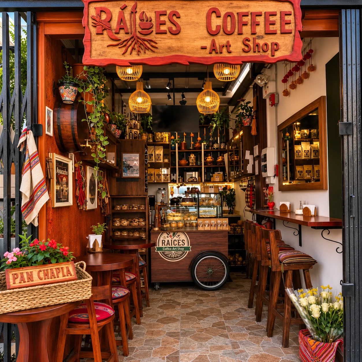 Entrada e interior del local de Raíces Café y Cultura